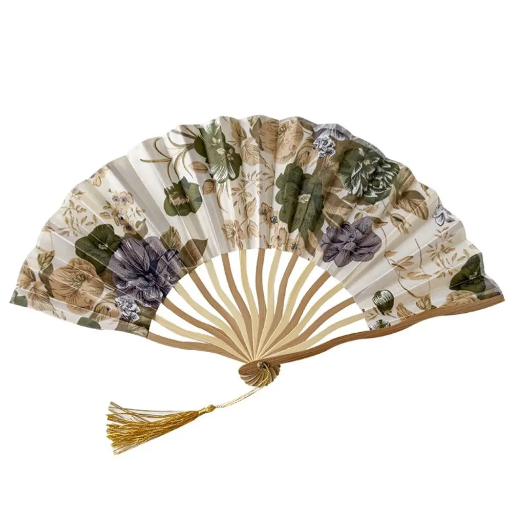 Ancient Chinese Style Silk Folding Fan Classical Flower Handheld Fan Elegant with Fan Cover Tassel Folding Fan Wedding