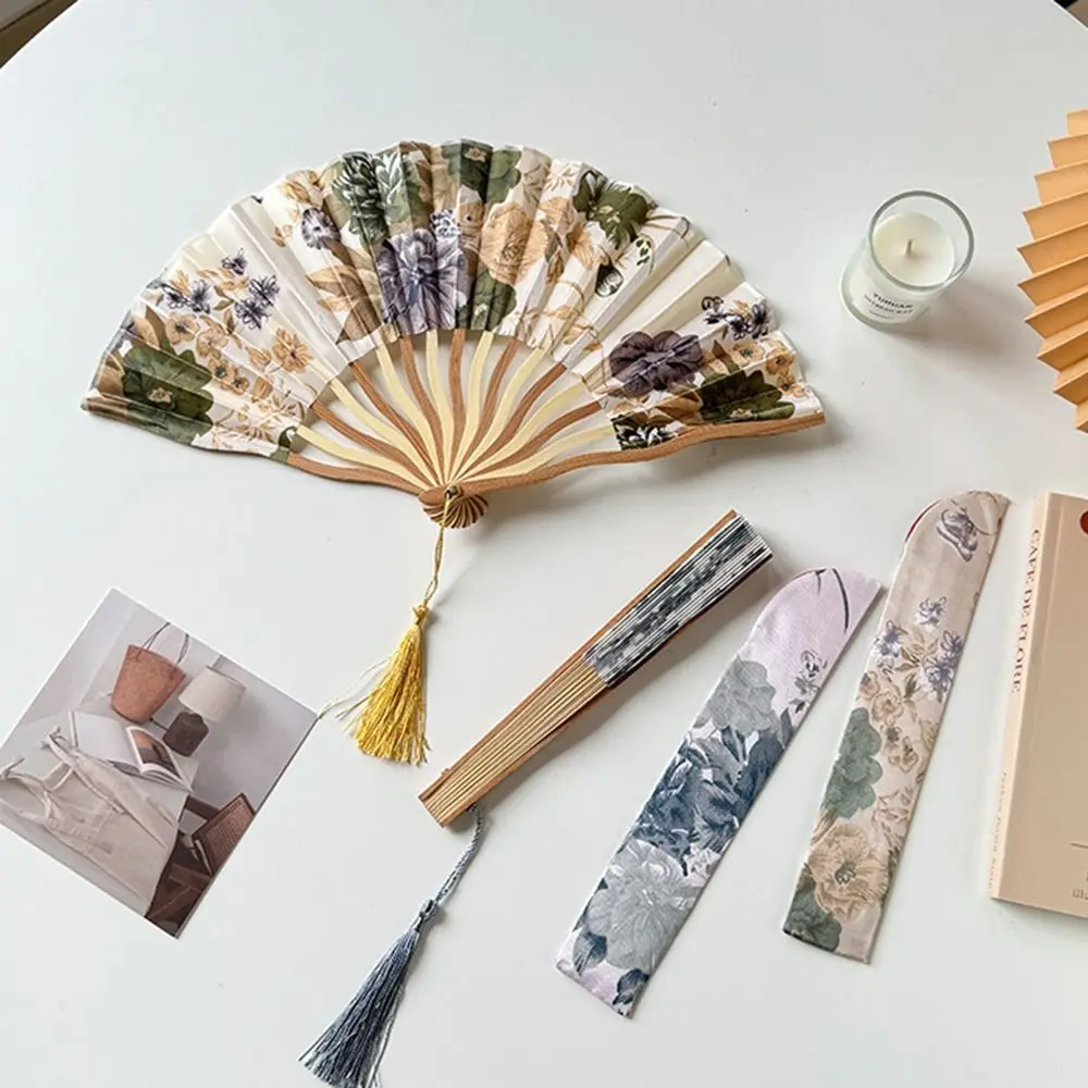 Ancient Chinese Style Silk Folding Fan Classical Flower Handheld Fan Elegant with Fan Cover Tassel Folding Fan Wedding