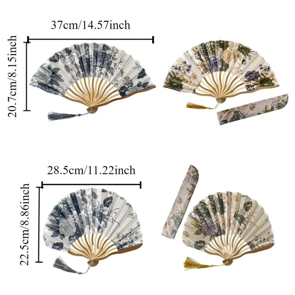 Ancient Chinese Style Silk Folding Fan Classical Flower Handheld Fan Elegant with Fan Cover Tassel Folding Fan Wedding
