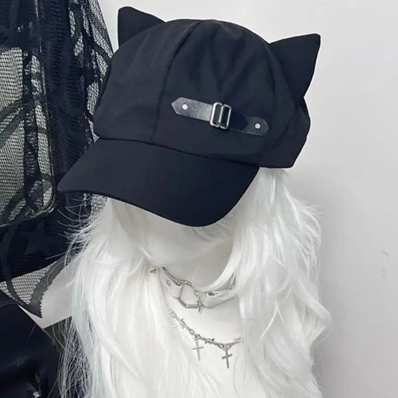 652F Lovely Devil Ear Hat for Adult 2000s Anime Belt Decors Hat Adjustable Newsboys Caps Casual Wear Street Dancing Hat