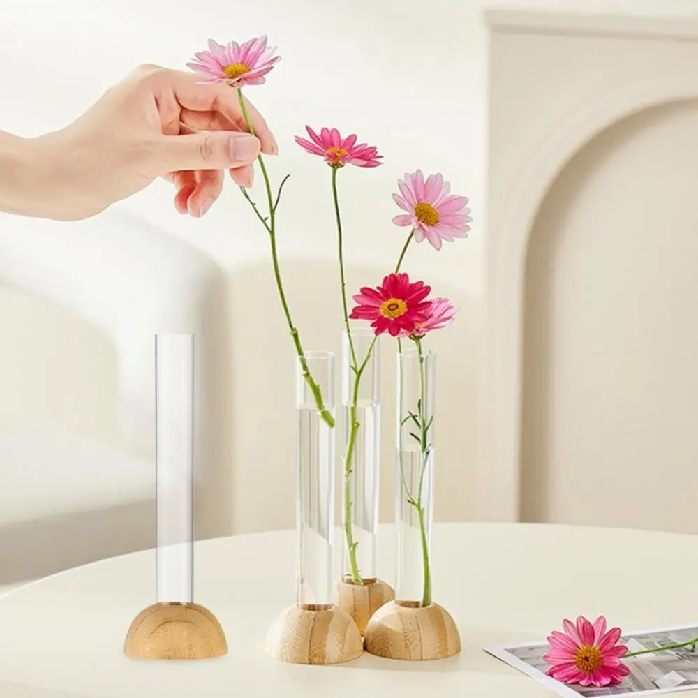 2 Pcs With Wooden Stand Bamboo Base Hydroponic Vase Stable Unique Hydroponic Plants Vase Shatterproof Clear Flower Vase Kitchen