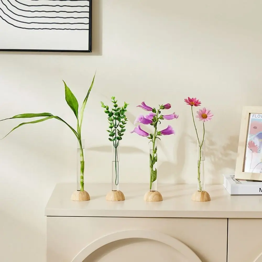 2 Pcs With Wooden Stand Bamboo Base Hydroponic Vase Stable Unique Hydroponic Plants Vase Shatterproof Clear Flower Vase Kitchen