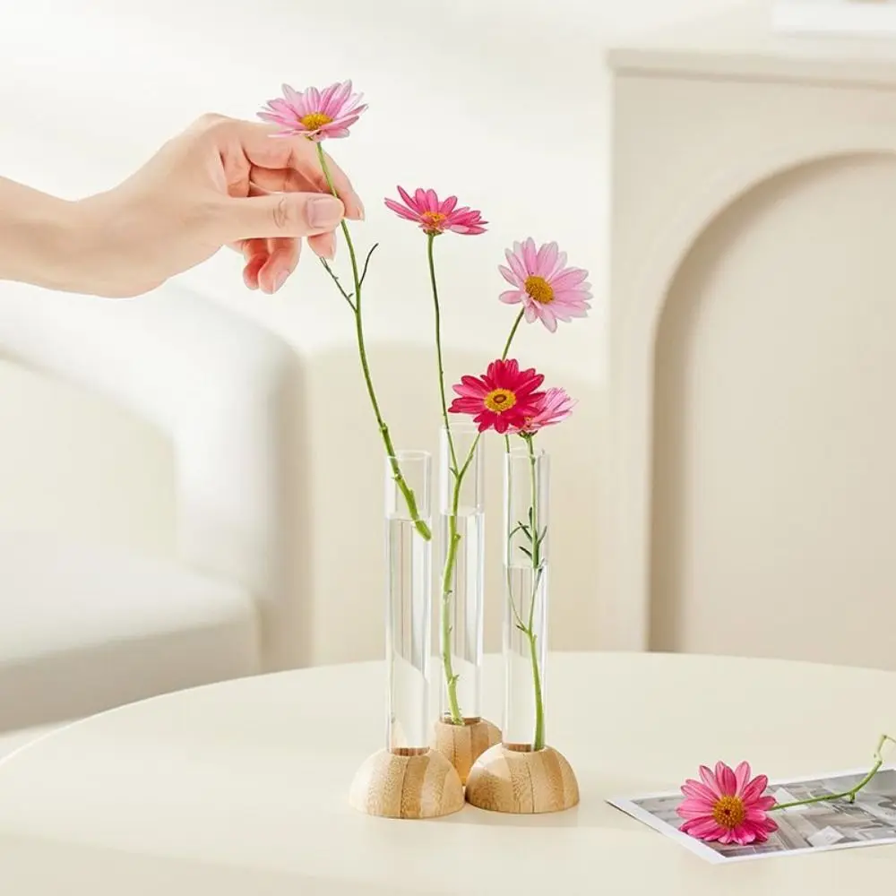 2 Pcs With Wooden Stand Bamboo Base Hydroponic Vase Stable Unique Hydroponic Plants Vase Shatterproof Clear Flower Vase Kitchen