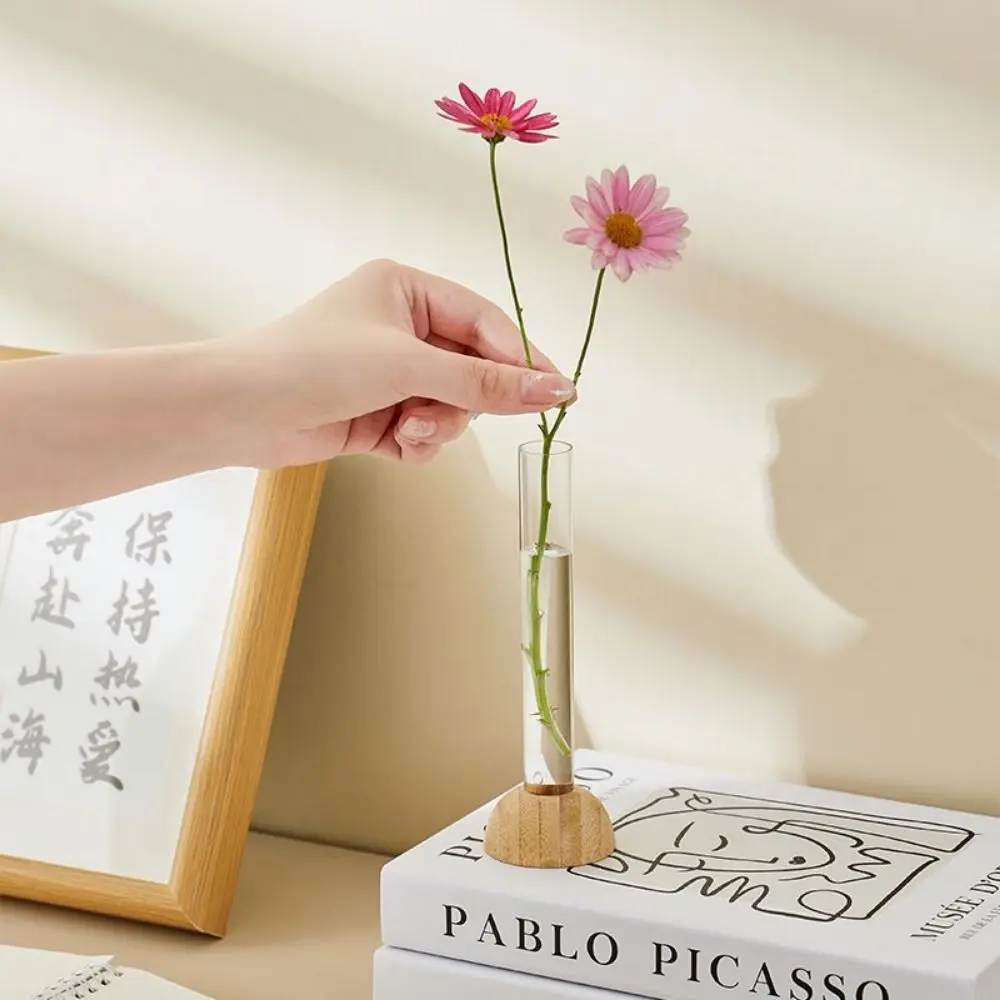 2 Pcs With Wooden Stand Bamboo Base Hydroponic Vase Stable Unique Hydroponic Plants Vase Shatterproof Clear Flower Vase Kitchen