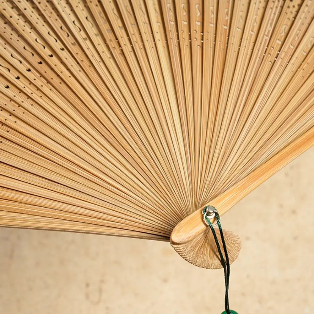 Antique Silk Fan Carved Handle Bamboo Folding Fan with Tassel Vintage Chinese Fan Handhold Dance Fan Photo Props