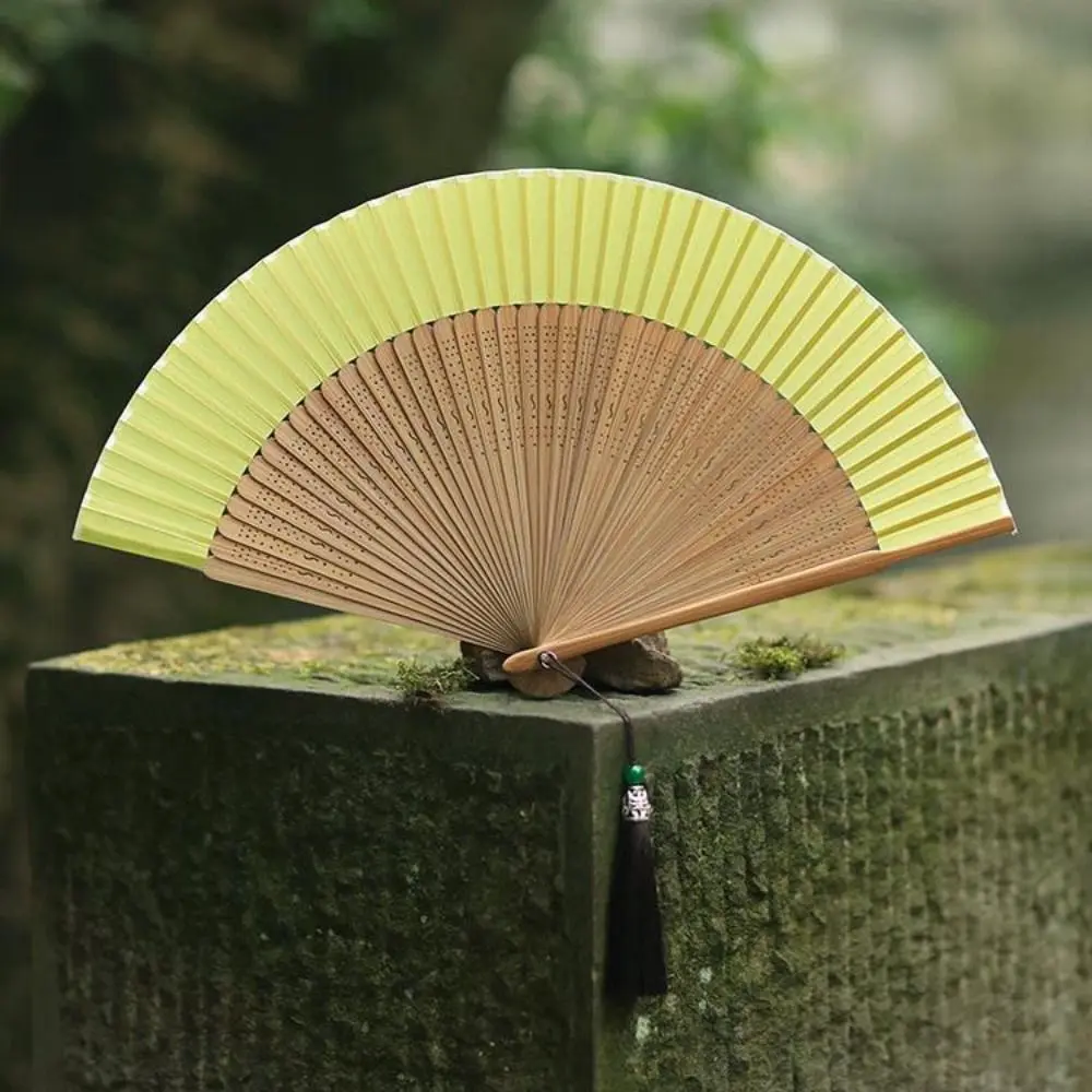 Antique Silk Fan Carved Handle Bamboo Folding Fan with Tassel Vintage Chinese Fan Handhold Dance Fan Photo Props