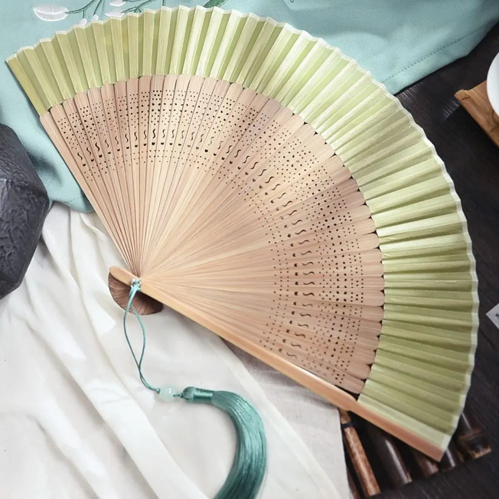 Antique Silk Fan Carved Handle Bamboo Folding Fan with Tassel Vintage Chinese Fan Handhold Dance Fan Photo Props