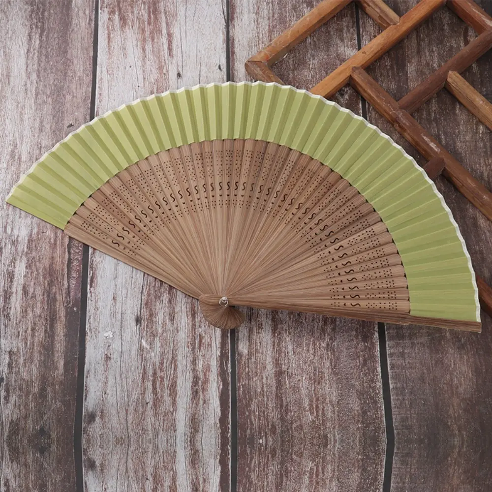 Antique Silk Fan Carved Handle Bamboo Folding Fan with Tassel Vintage Chinese Fan Handhold Dance Fan Photo Props