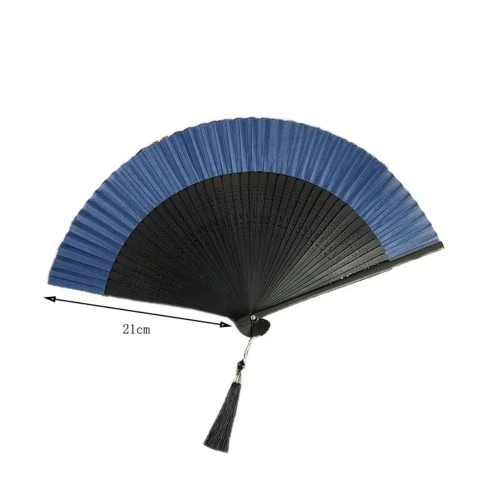 Antique Silk Fan Carved Handle Bamboo Folding Fan with Tassel Vintage Chinese Fan Handhold Dance Fan Photo Props
