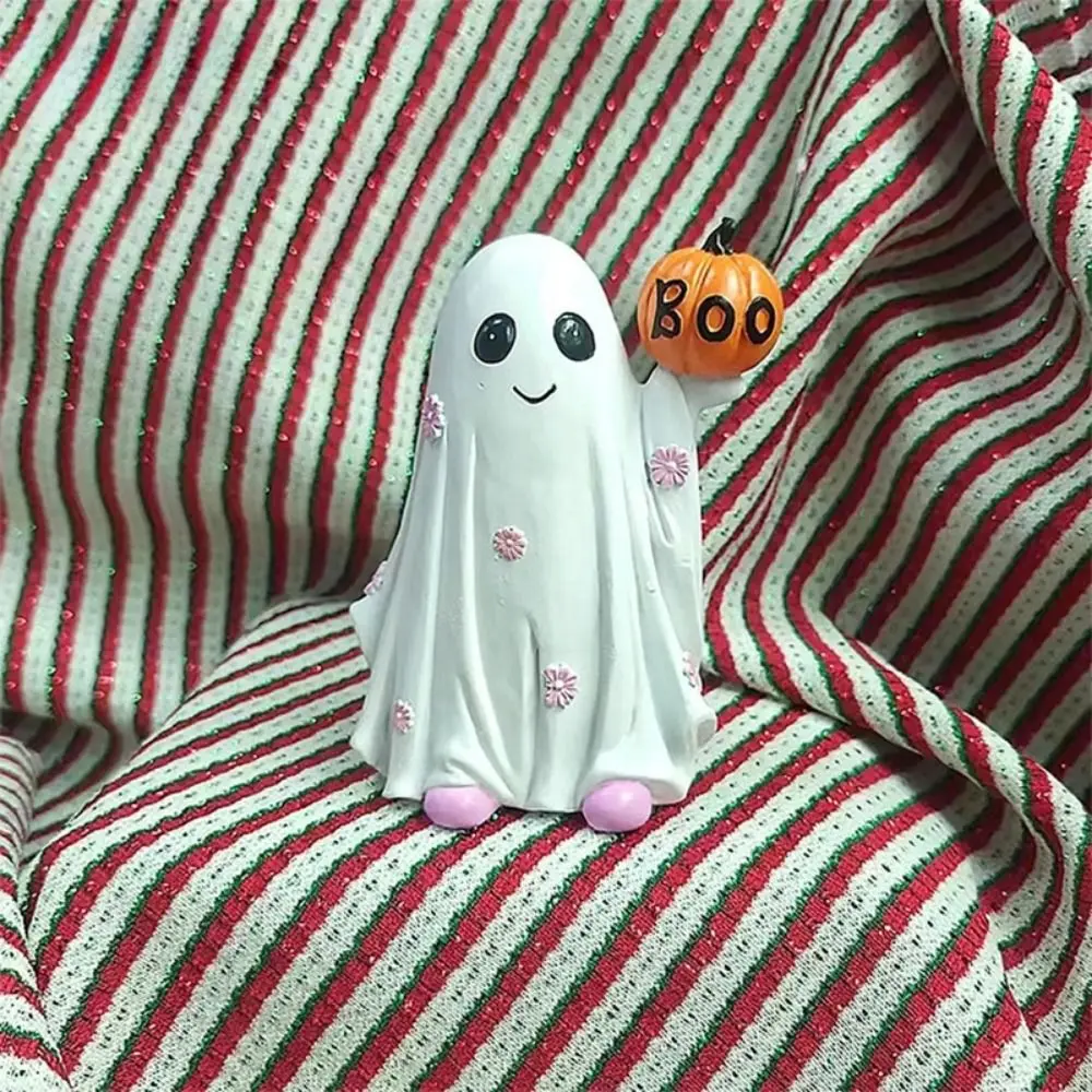Creative Cartoon Ghost Hold Pumpkin Sculpture Mini 3D Halloween Ghost Figurine Cute Resin Ghost Ornament Garden