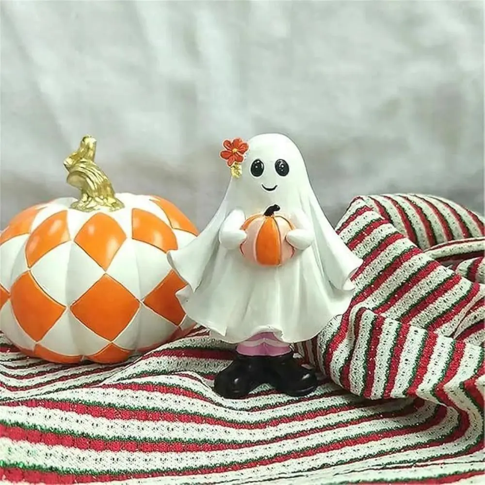 Creative Cartoon Ghost Hold Pumpkin Sculpture Mini 3D Halloween Ghost Figurine Cute Resin Ghost Ornament Garden