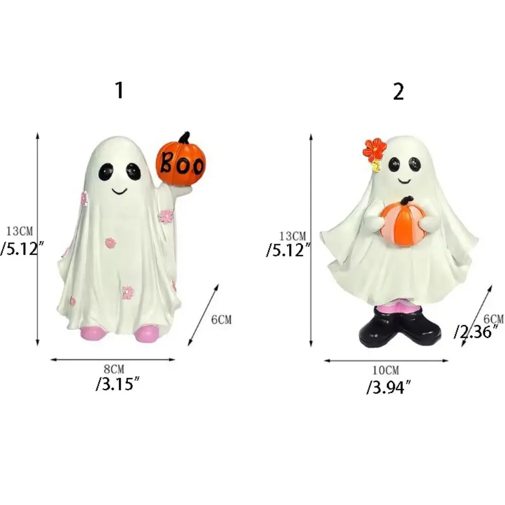Creative Cartoon Ghost Hold Pumpkin Sculpture Mini 3D Halloween Ghost Figurine Cute Resin Ghost Ornament Garden
