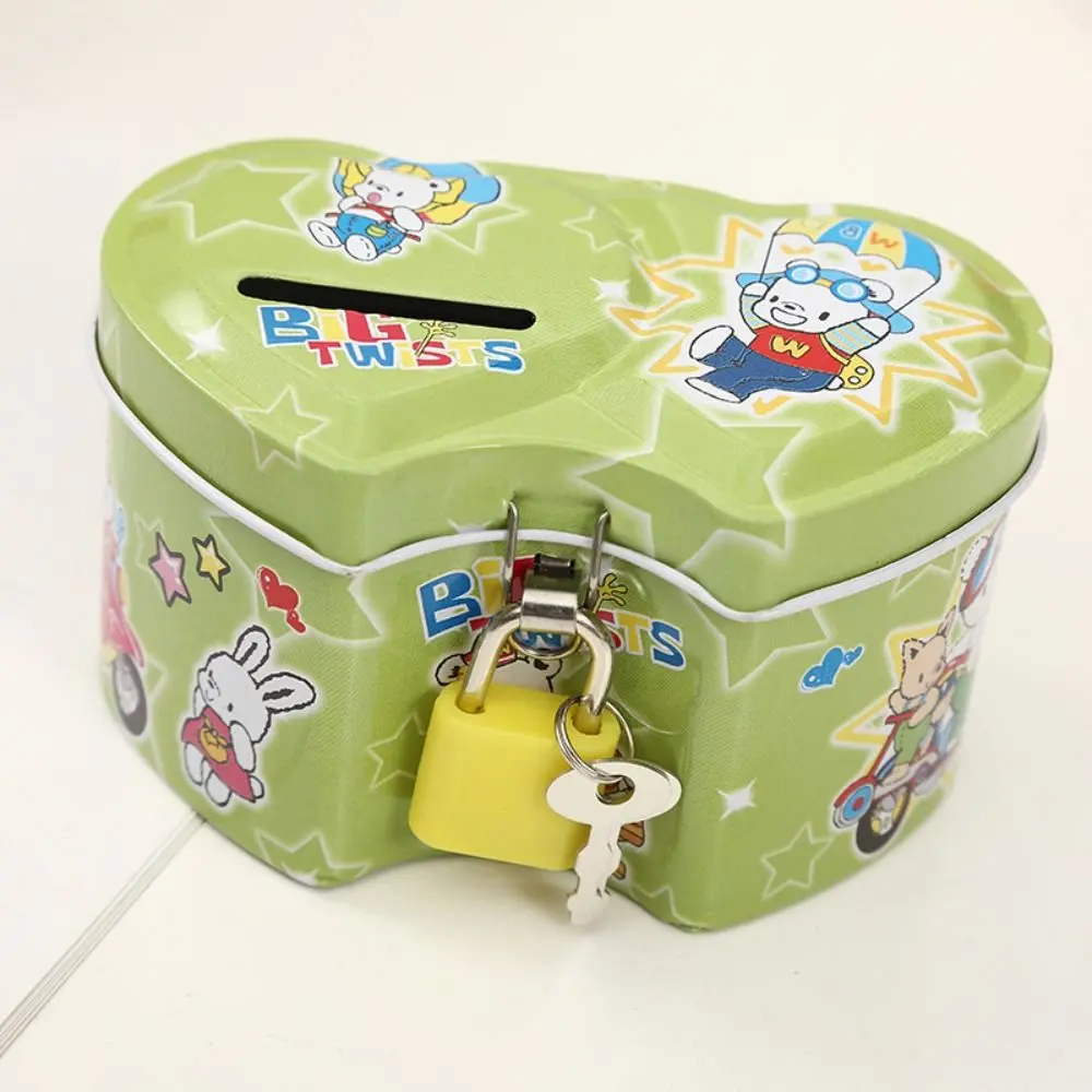 With Lock and Key Tinplate Piggy Bank Cartoon Print Design Cute Coin Savings Box High Capacity Iron Art Kids Storage Jar Home