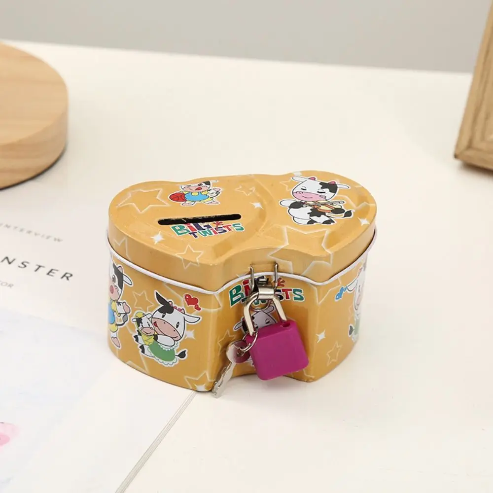 With Lock and Key Tinplate Piggy Bank Cartoon Print Design Cute Coin Savings Box High Capacity Iron Art Kids Storage Jar Home