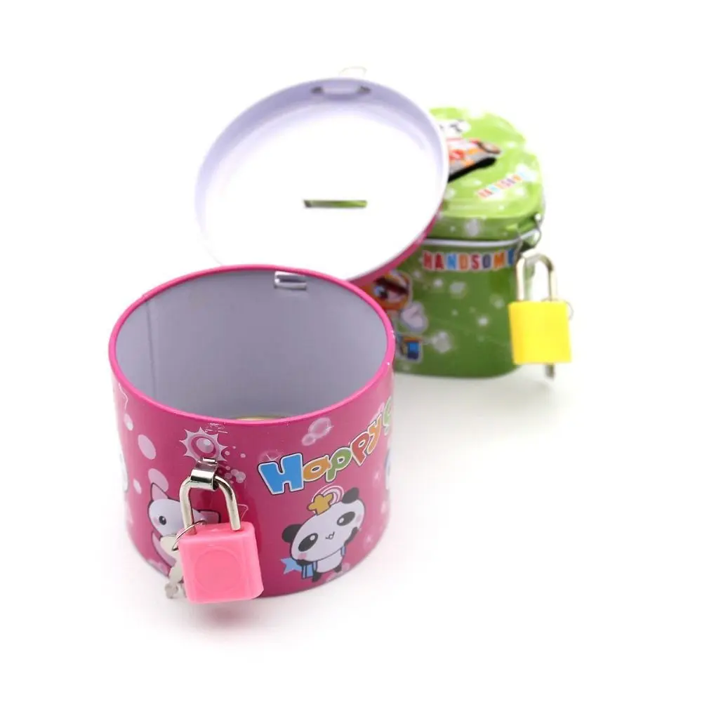 With Lock and Key Tinplate Piggy Bank Cartoon Print Design Cute Coin Savings Box High Capacity Iron Art Kids Storage Jar Home