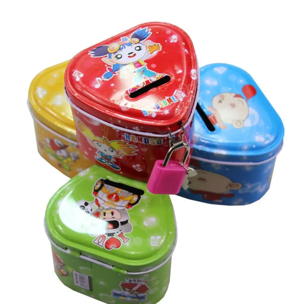 With Lock and Key Tinplate Piggy Bank Cartoon Print Design Cute Coin Savings Box High Capacity Iron Art Kids Storage Jar Home