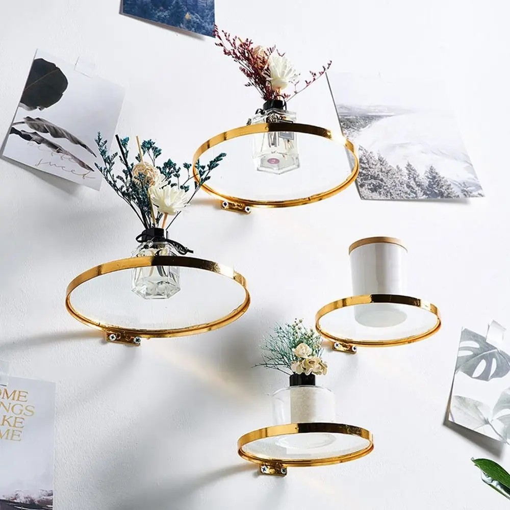 Creative Wrought Iron Glass Ledge Rack Wall Mounted Gold Round Floating Shelf Decorative Sundries Storage Holder Hotel