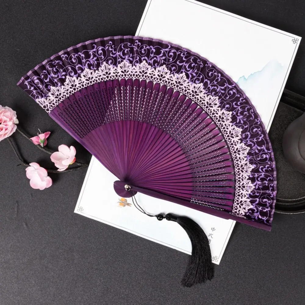 Ancient Folding Folding Fan Change Color Silk Cloth Dance Fan With Tassel Bamboo Dance