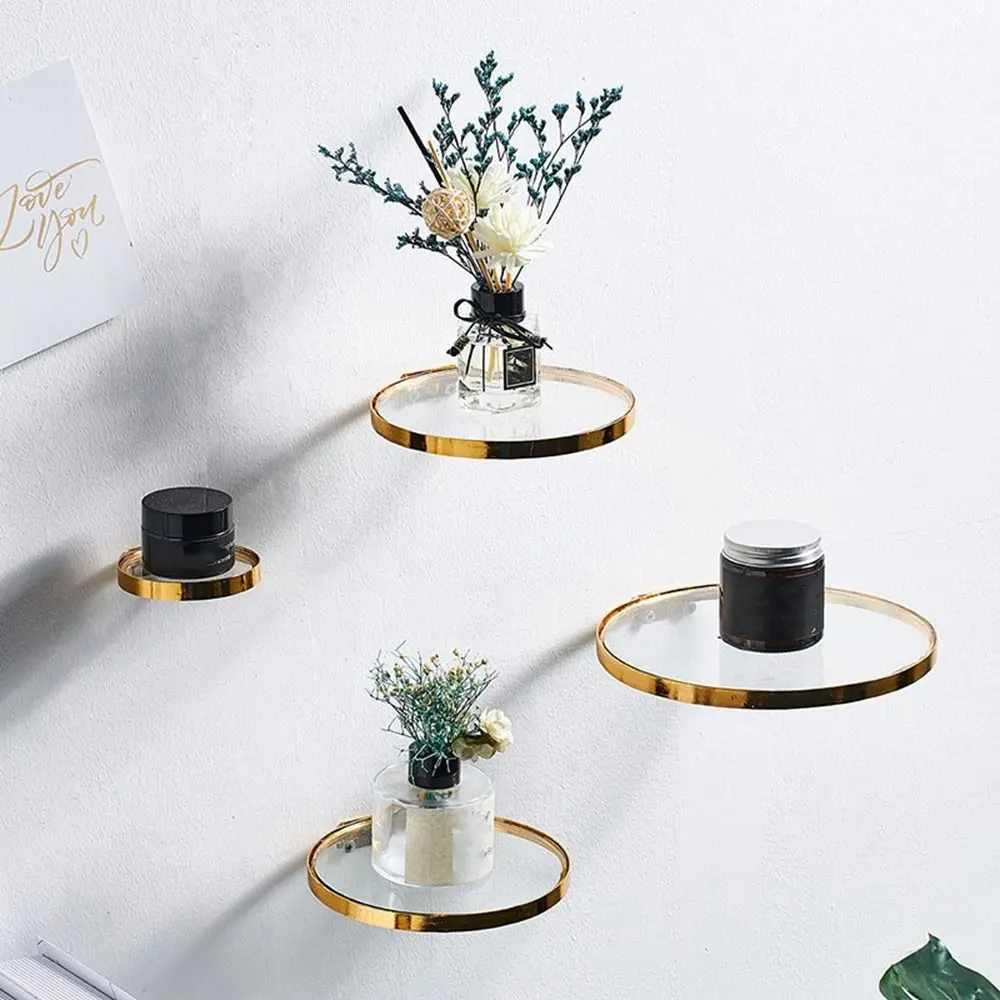 Creative Wrought Iron Glass Ledge Rack Wall Mounted Gold Round Floating Shelf Decorative Sundries Storage Holder Hotel