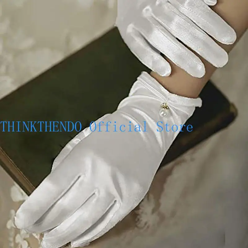 652F Evening Party Gloves for Women Short Satins Gloves with Pearls Cuffs Stage Accessories Wrist Length Wedding Bridal Gloves