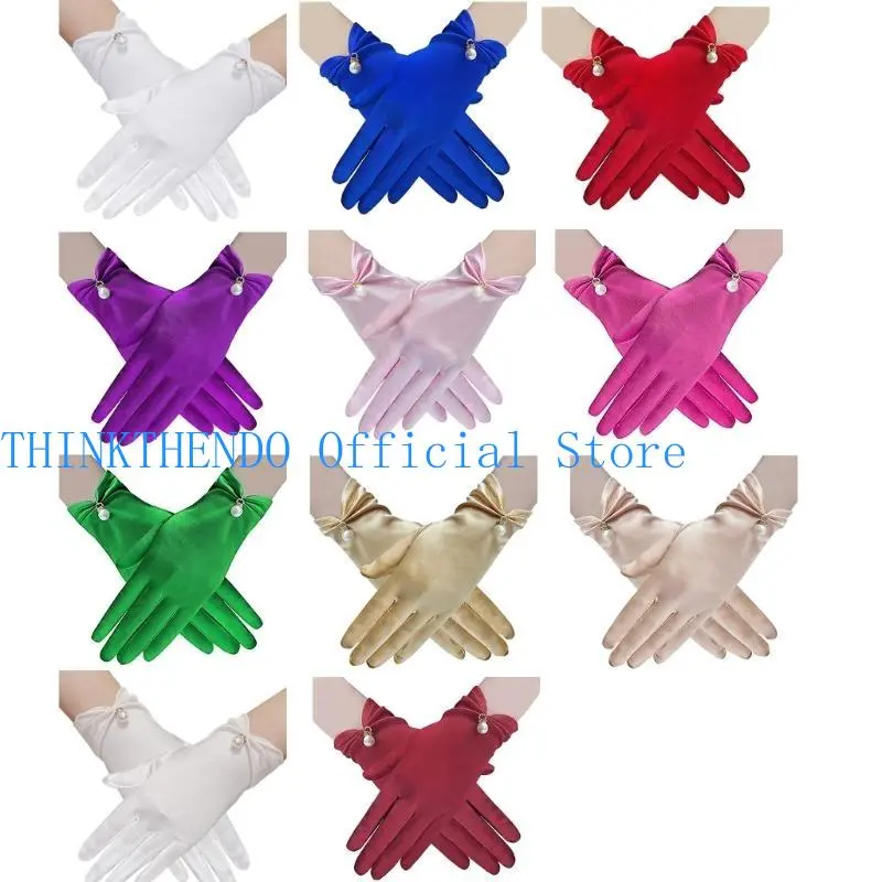 652F Evening Party Gloves for Women Short Satins Gloves with Pearls Cuffs Stage Accessories Wrist Length Wedding Bridal Gloves