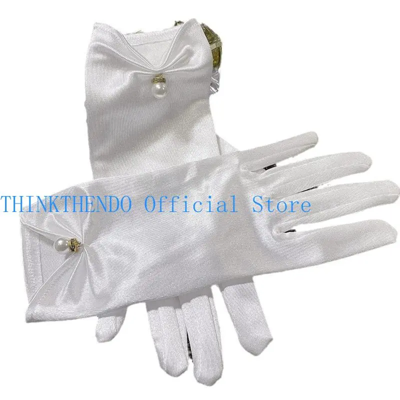 652F Evening Party Gloves for Women Short Satins Gloves with Pearls Cuffs Stage Accessories Wrist Length Wedding Bridal Gloves
