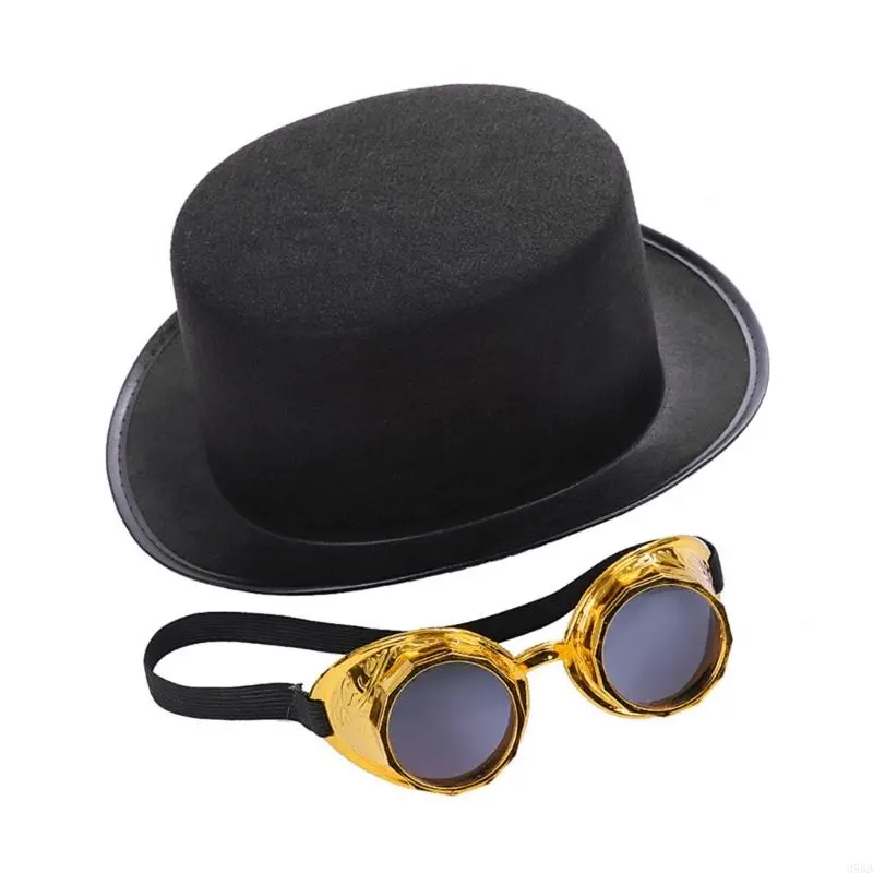 652F Victorian Steampunk Gothic Top Hat with Detachable Goggles Bowler   Halloween Cosplay Carnival Costume Accessory