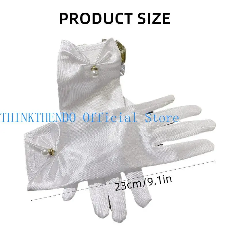 652F Evening Party Gloves for Women Short Satins Gloves with Pearls Cuffs Stage Accessories Wrist Length Wedding Bridal Gloves
