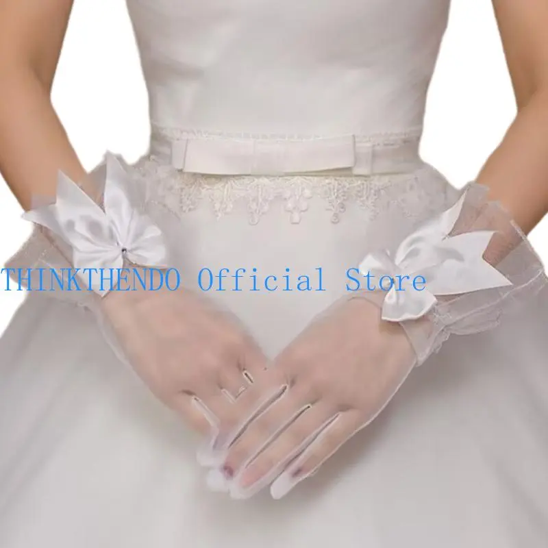 652F Lace Bowknot Gloves for Theme Event Female Evening Party Short Gloves Sheer Handwear for Bride Photoshooting Accessories
