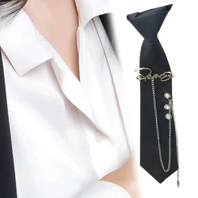 652F Korean Styles Tie for Adult Teens Letter and Tassels Chain Neck Tie for Student Uniform Dressingup Anime Clubwear Tie