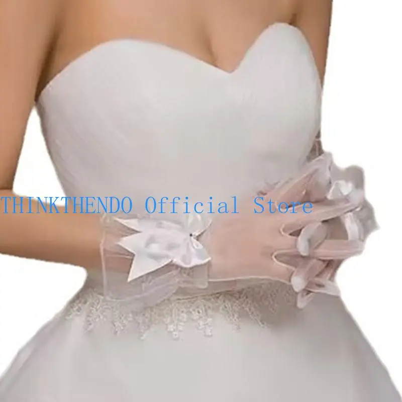 652F Lace Bowknot Gloves for Theme Event Female Evening Party Short Gloves Sheer Handwear for Bride Photoshooting Accessories