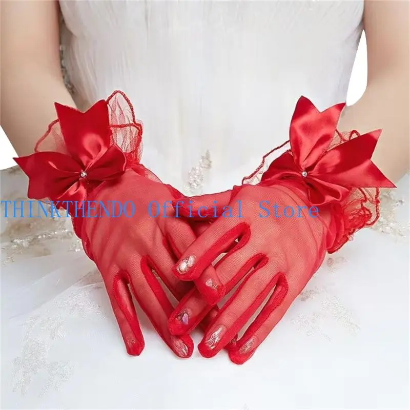 652F Lace Bowknot Gloves for Theme Event Female Evening Party Short Gloves Sheer Handwear for Bride Photoshooting Accessories