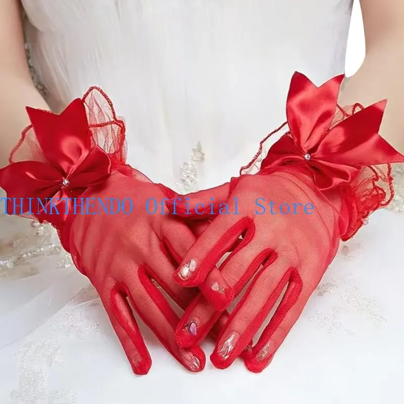 652F Lace Bowknot Gloves for Theme Event Female Evening Party Short Gloves Sheer Handwear for Bride Photoshooting Accessories