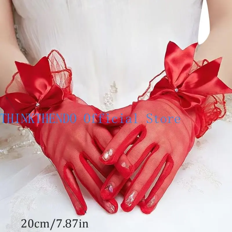 652F Lace Bowknot Gloves for Theme Event Female Evening Party Short Gloves Sheer Handwear for Bride Photoshooting Accessories