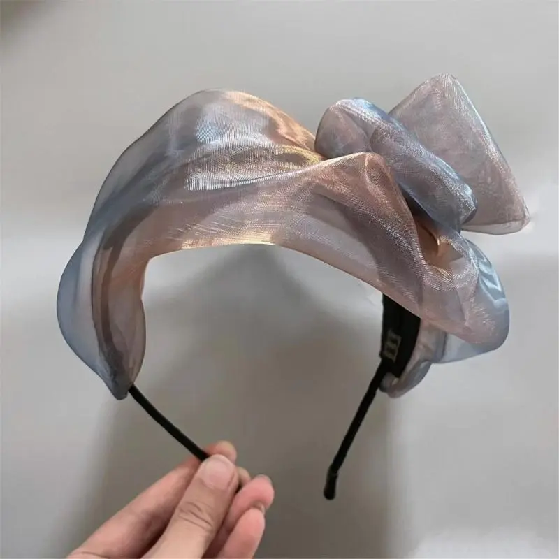 652F Elegant High Skull Hairband Mesh Bowtie Headband French Mesh Lace Hairhoop for Female Teaparty Hair Shaping Ornament
