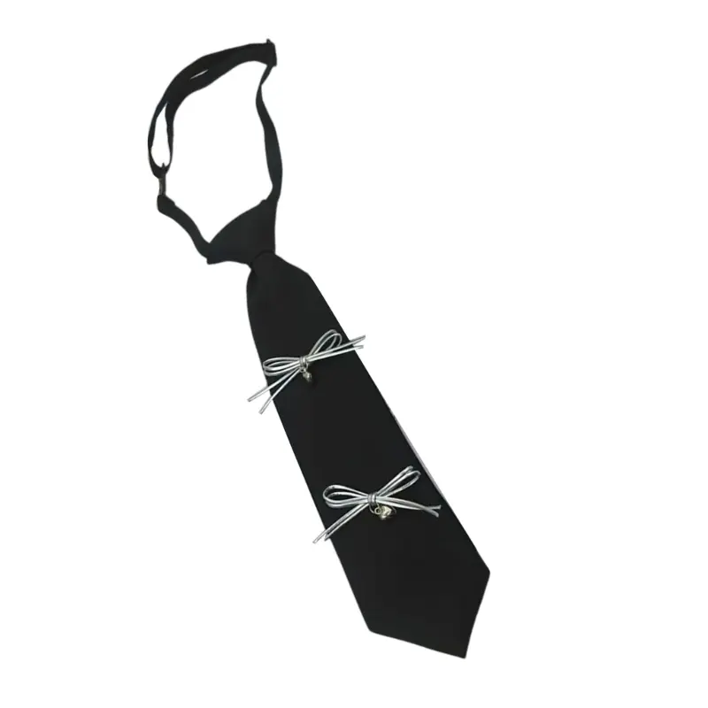 652F Women's Fashionable Campus Black Necktie Aesthetic Bowknot Embellishment Adjustable Pre Tied Tie for School and Parties