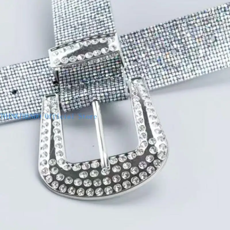 39BB Shimmering Full Rhinestones Studded Waist Belt Pin Buckle Belt for Evening Party