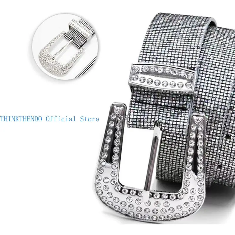 39BB Shimmering Full Rhinestones Studded Waist Belt Pin Buckle Belt for Evening Party