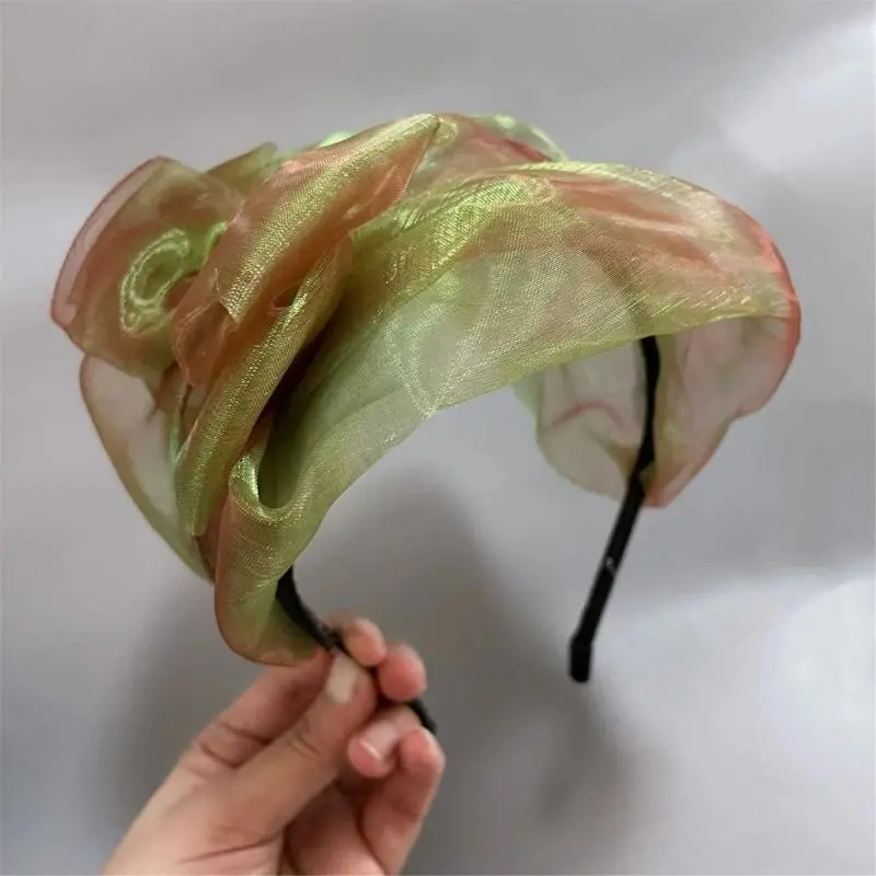 652F Elegant High Skull Hairband Mesh Bowtie Headband French Mesh Lace Hairhoop for Female Teaparty Hair Shaping Ornament