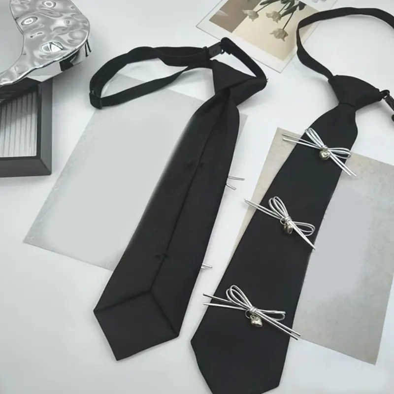 652F Women's Fashionable Campus Black Necktie Aesthetic Bowknot Embellishment Adjustable Pre Tied Tie for School and Parties