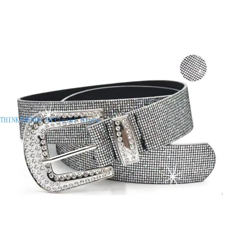 39BB Shimmering Full Rhinestones Studded Waist Belt Pin Buckle Belt for Evening Party