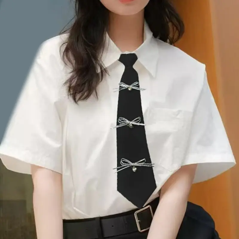 652F Women's Fashionable Campus Black Necktie Aesthetic Bowknot Embellishment Adjustable Pre Tied Tie for School and Parties