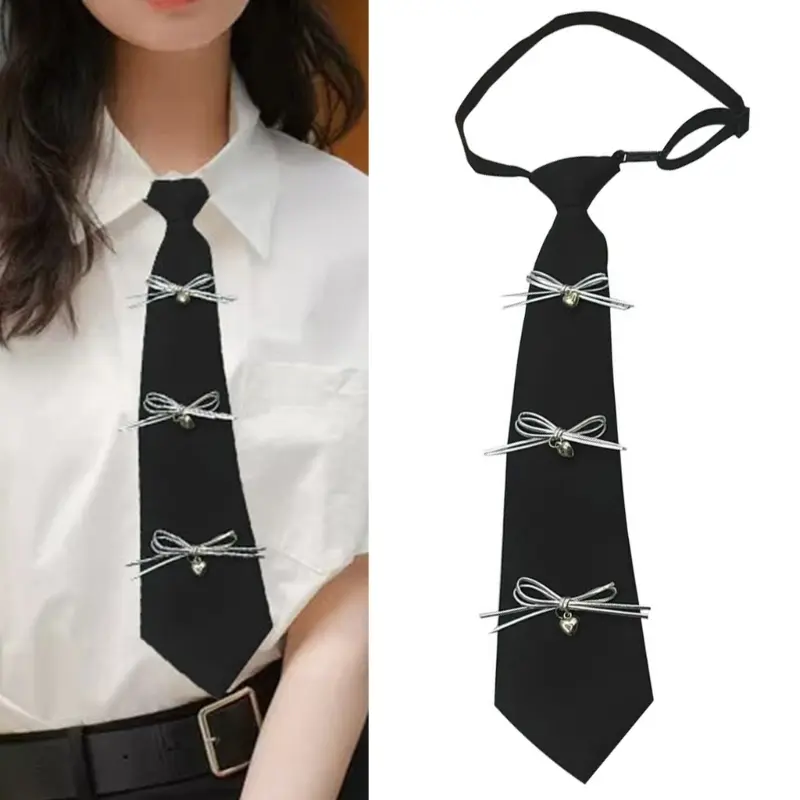 652F Women's Fashionable Campus Black Necktie Aesthetic Bowknot Embellishment Adjustable Pre Tied Tie for School and Parties