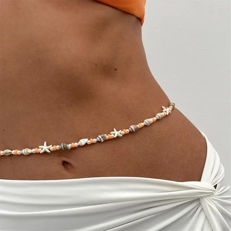 652F Waist Chain Body Chain Beaded Shell Accessories Gift Decorative Belly Jewellery for Fashionable Women