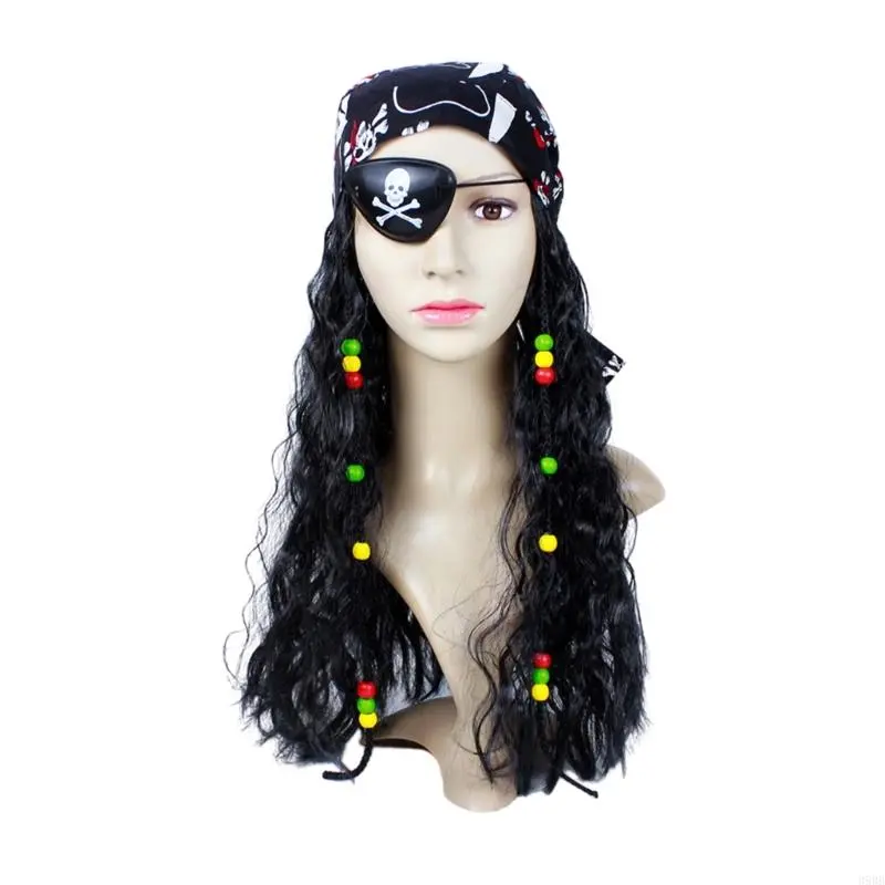Pirate with Eye-Patch Scarf Set Long Curly Black Pirate Pirate Outfit Costume Accessories for Halloween Party