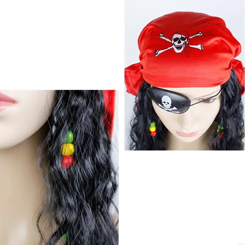 Pirate with Eye-Patch Scarf Set Long Curly Black Pirate Pirate Outfit Costume Accessories for Halloween Party