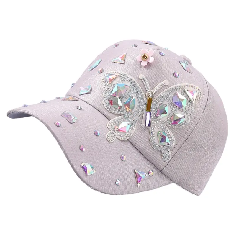 652F Stylish Rhinestones Baseball Hat for Women with Blingbling Butterfly Design and Sun Protective Duckbill for Everyday Wear
