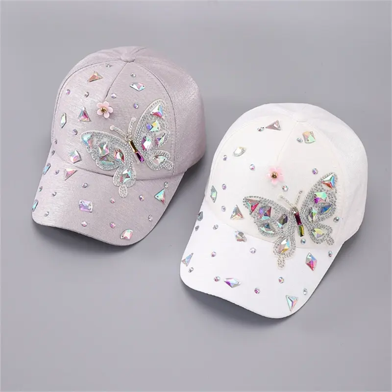 652F Stylish Rhinestones Baseball Hat for Women with Blingbling Butterfly Design and Sun Protective Duckbill for Everyday Wear
