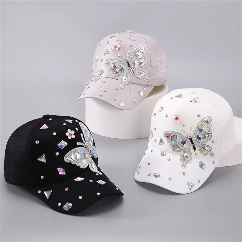 652F Stylish Rhinestones Baseball Hat for Women with Blingbling Butterfly Design and Sun Protective Duckbill for Everyday Wear