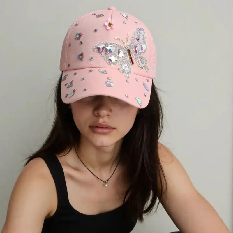 652F Stylish Rhinestones Baseball Hat for Women with Blingbling Butterfly Design and Sun Protective Duckbill for Everyday Wear